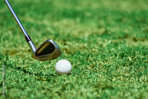 Pelota de golf sobre hierba verde lista para ser golpeada en el Fondo del campo de golf