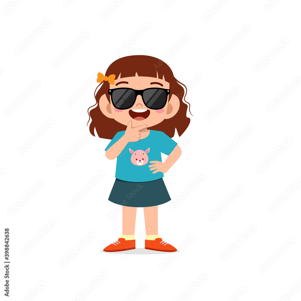 cute little kid girl show cool and wearing black glasses pose expression