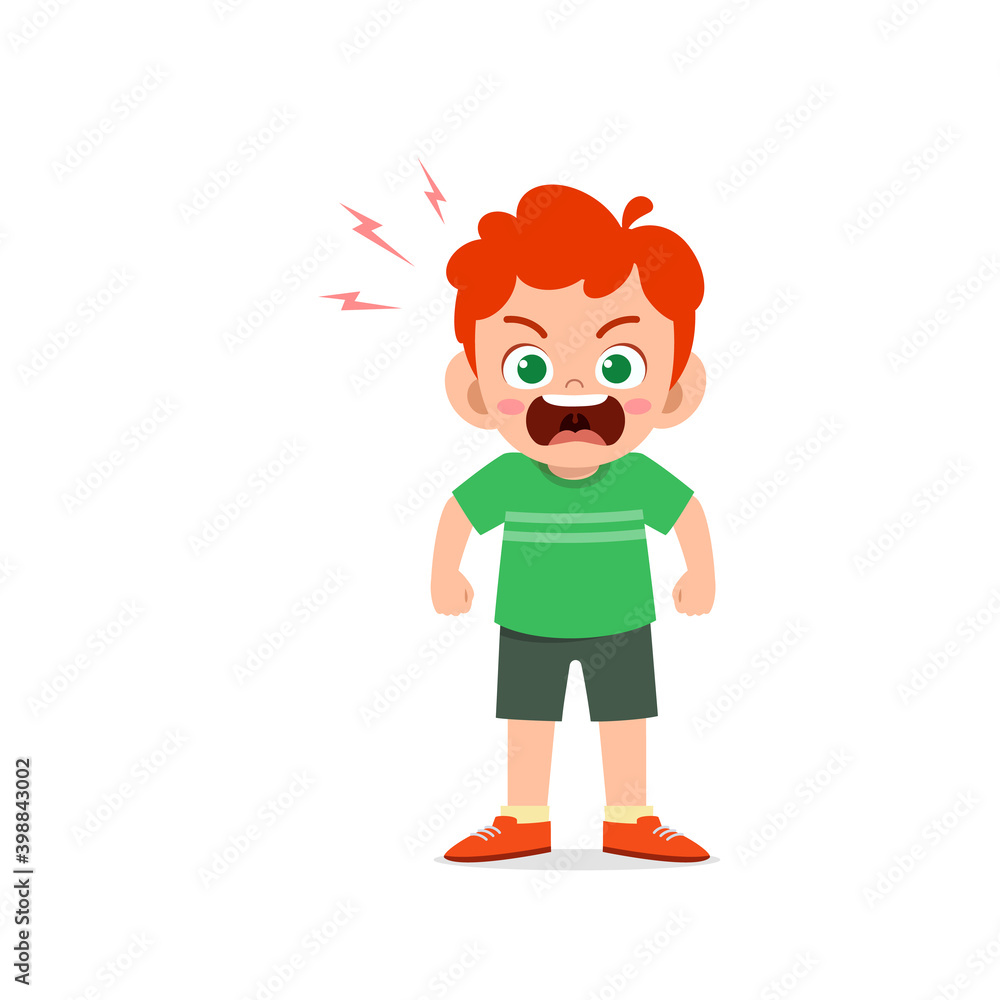 cute little kid boy stand and show angry pose expression