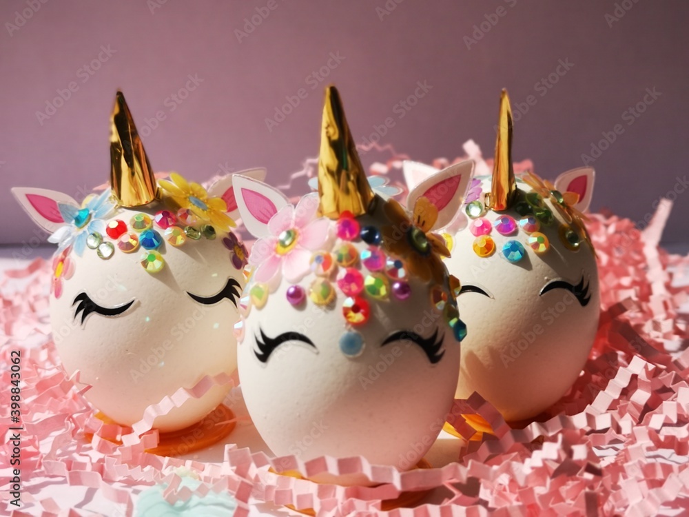 Easter background with happy easter decoration. Eggs in unicorn smart style Easter background with happy easter decoration. Eggs in unicorn smart style