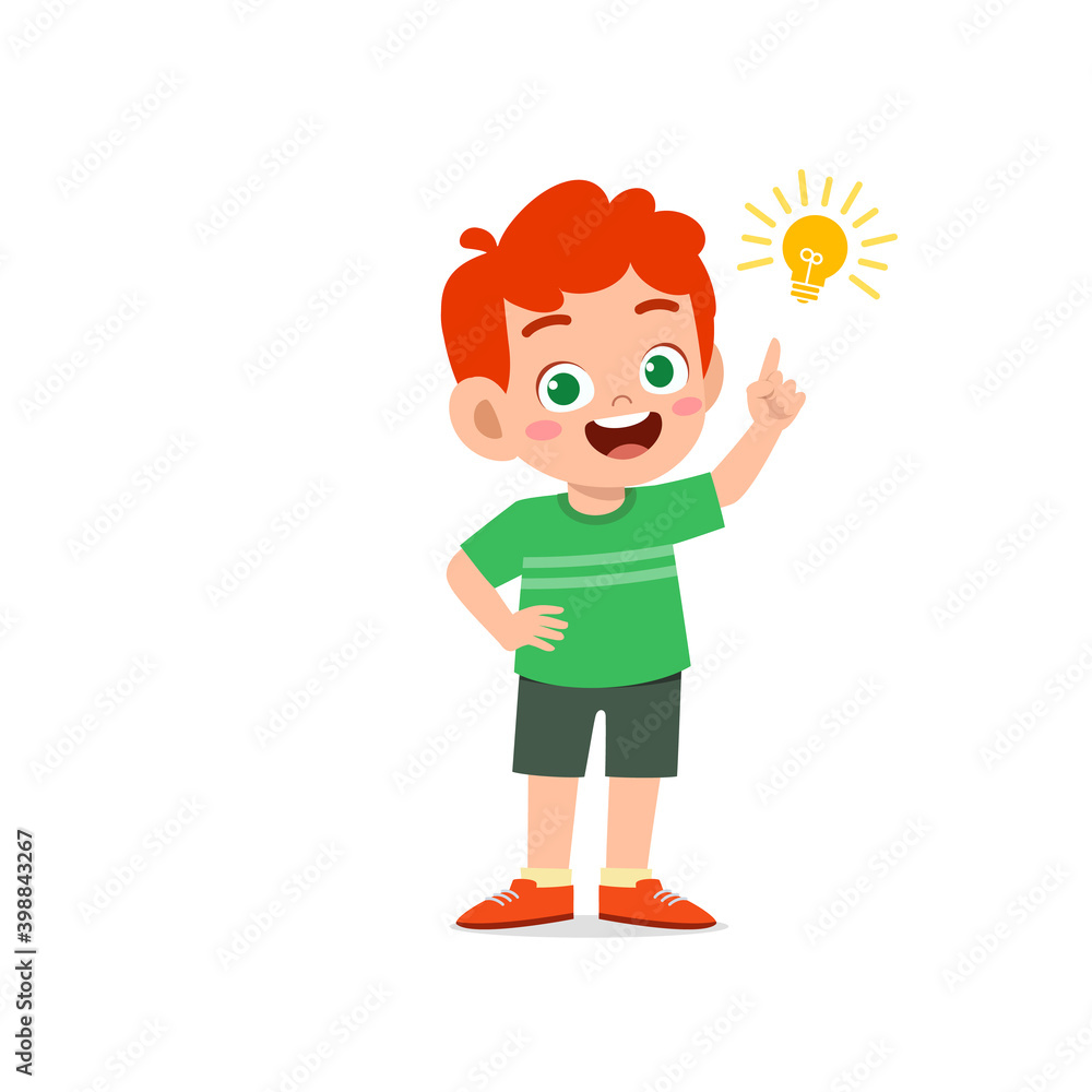 cute little kid boy show idea pose expression with light bulb sign