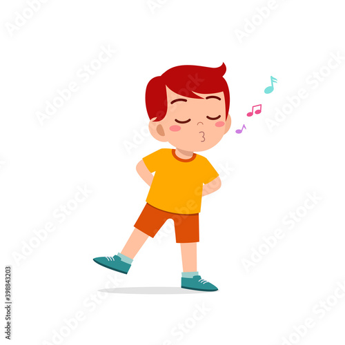 cute little kid boy stand and whistling with mouth