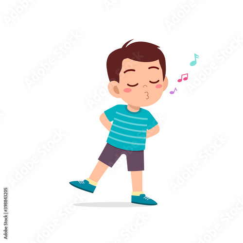 cute little kid boy stand and whistling with mouth