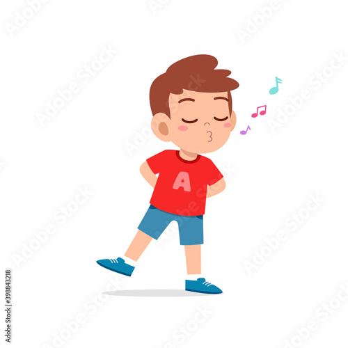 cute little kid boy stand and whistling with mouth