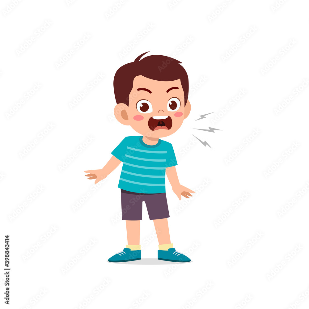 cute little kid boy stand and show angry pose expression
