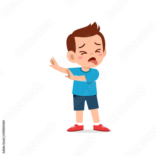 cute little kid boy show refuse and disgust pose expression