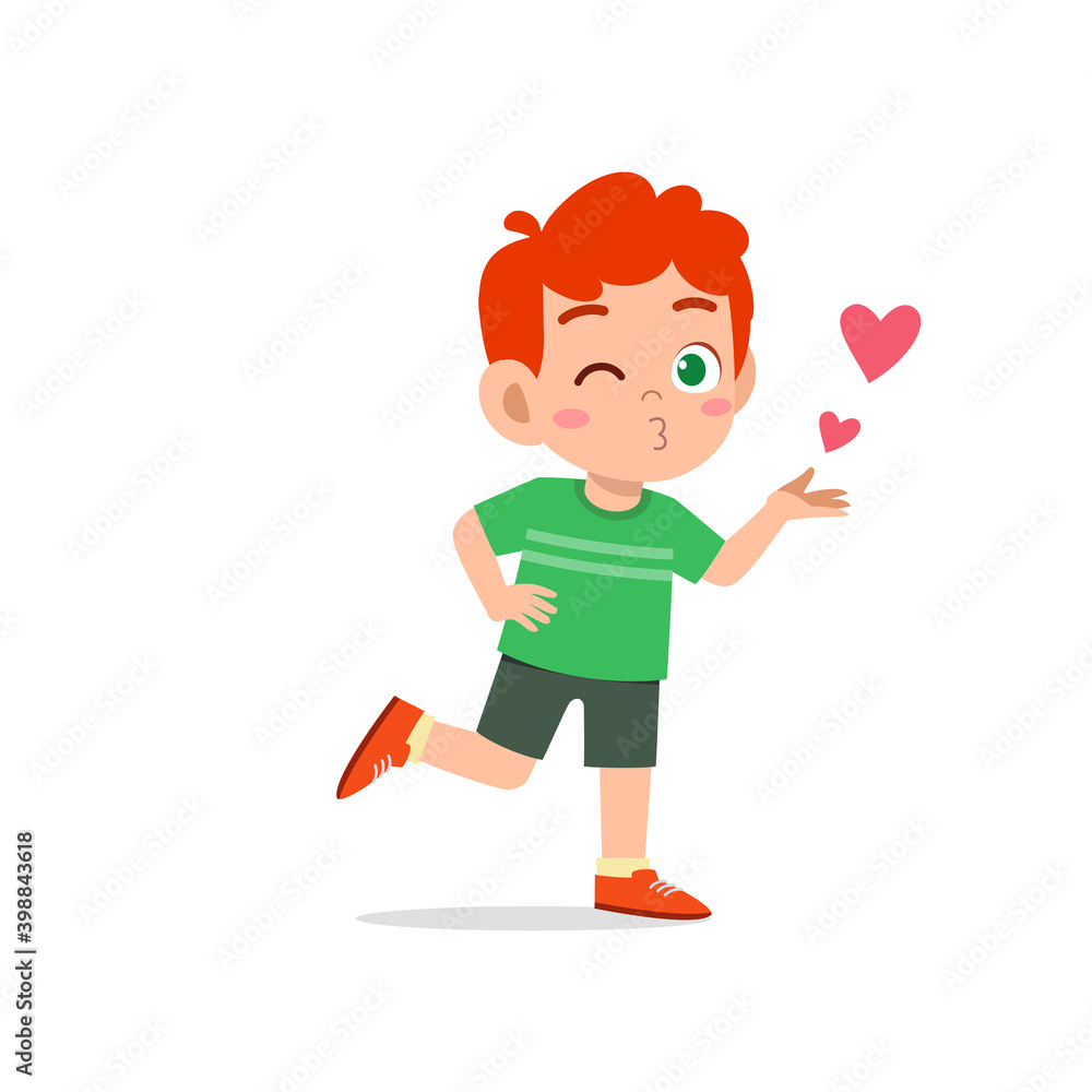 cute little kid boy show love and kiss pose expression