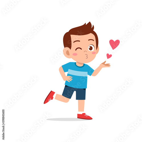 cute little kid boy show love and kiss pose expression