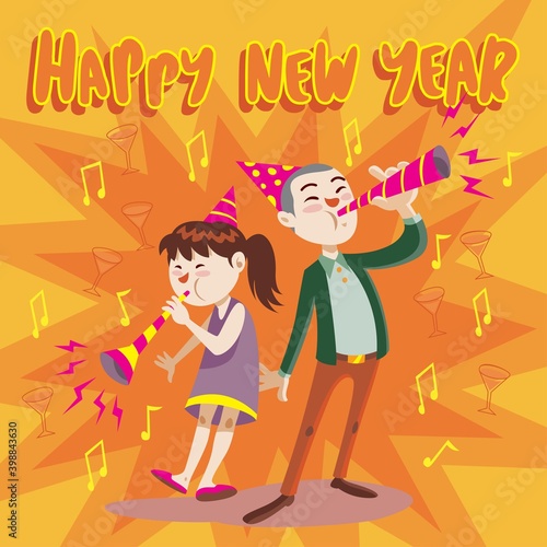 a pair of teenage girl and boy celebrate the new year together by blowing trumpets