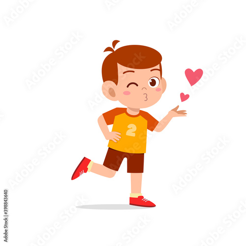 cute little kid boy show love and kiss pose expression