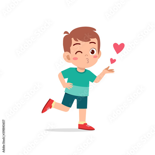 cute little kid boy show love and kiss pose expression