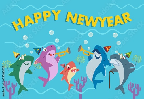 The shark family is celebrating the new year. Happy new year greeting card.