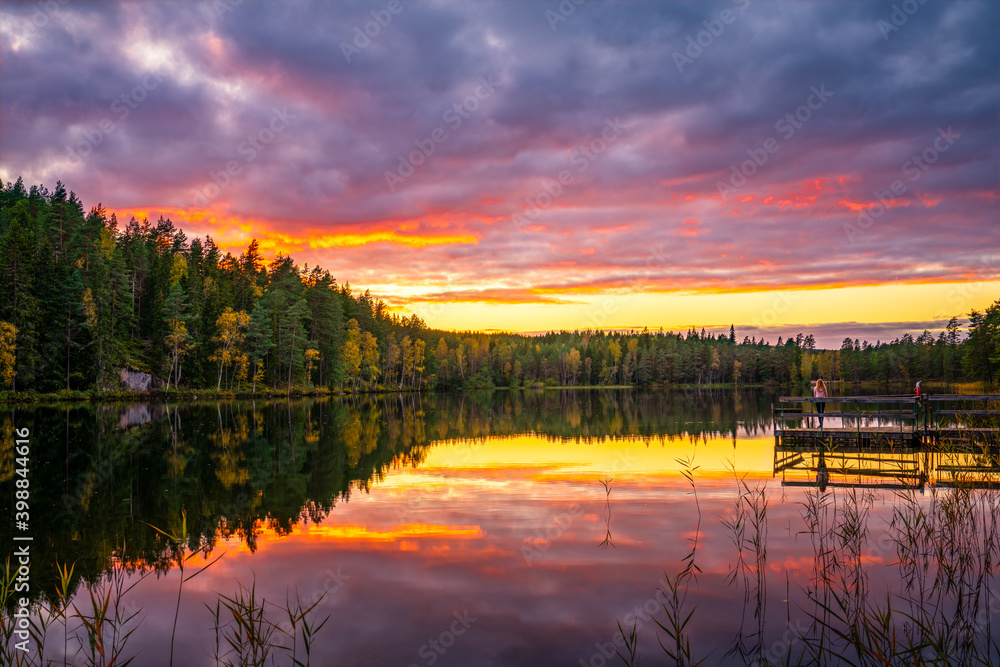 Colorful sunset at the lake in autumn 