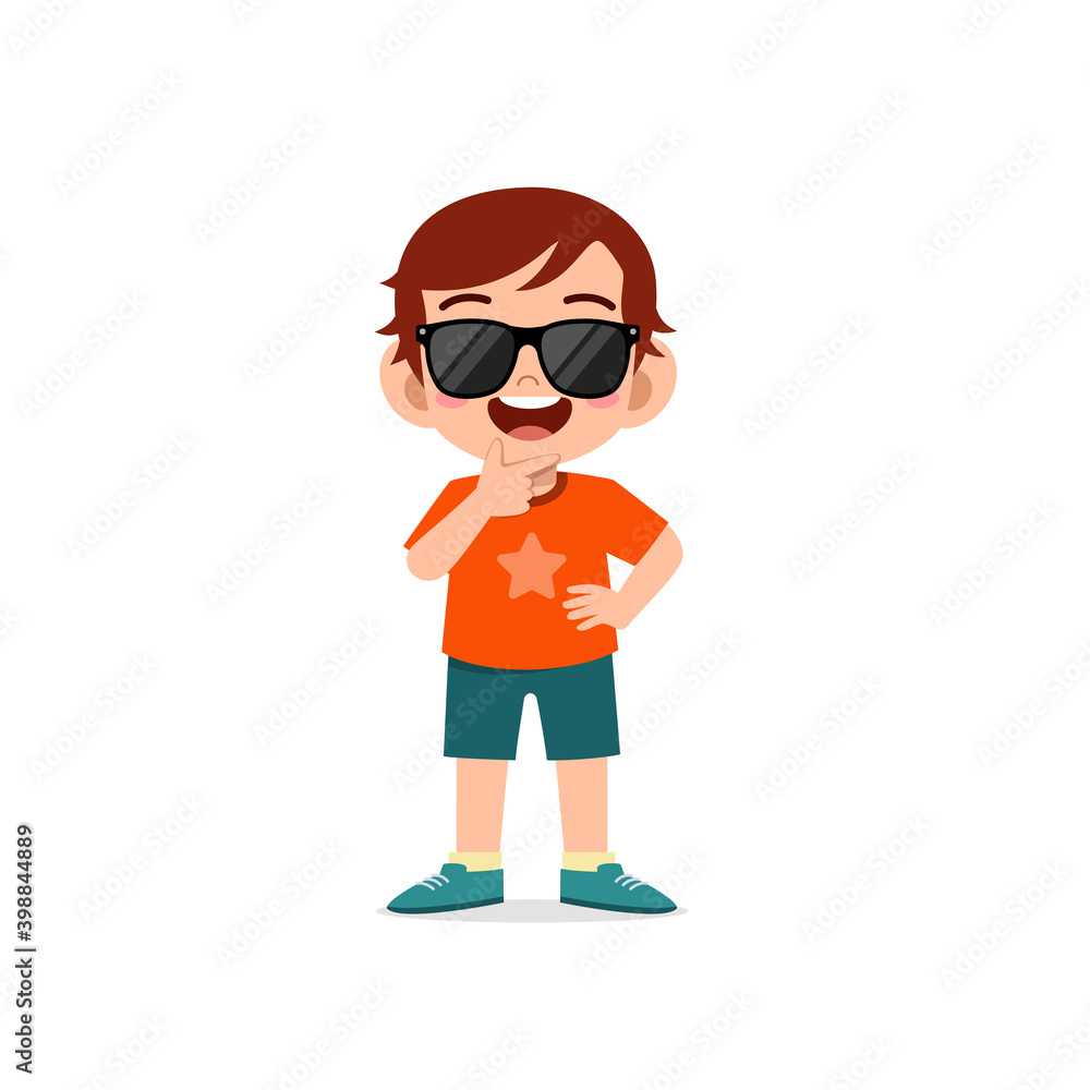 cute little kid boy show cool and wearing black glasses pose expression