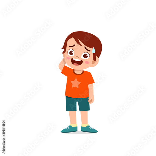 cute little kid boy show unsure and confused pose expression