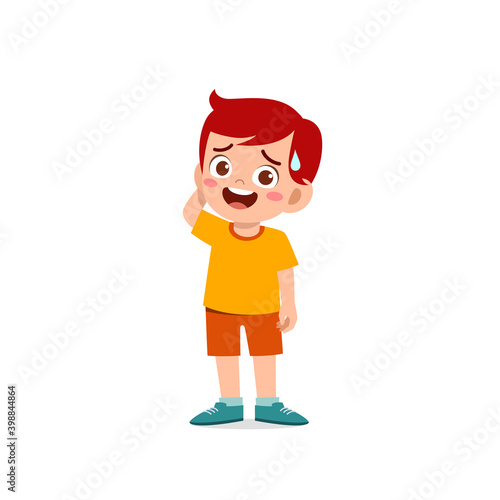 cute little kid boy show unsure and confused pose expression