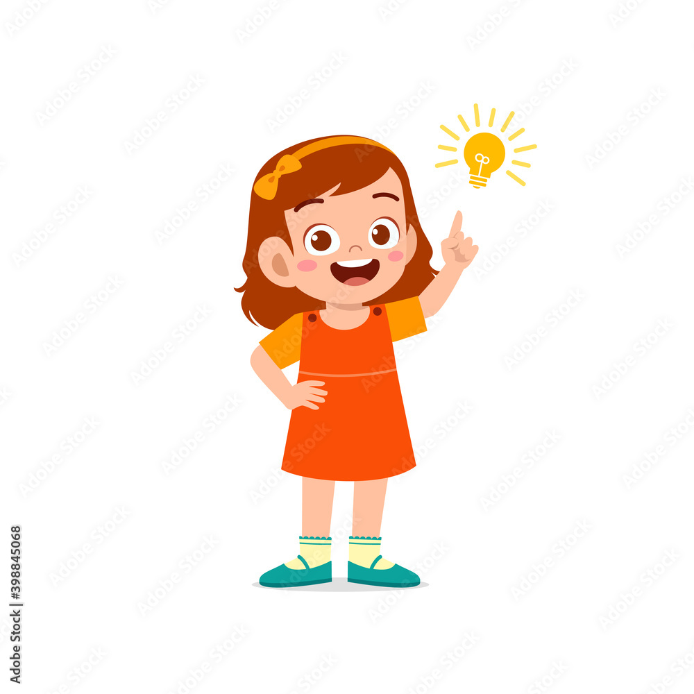 cute little kid girl show idea pose expression with light bulb sign cute little kid girl show idea pose expression with light bulb sign