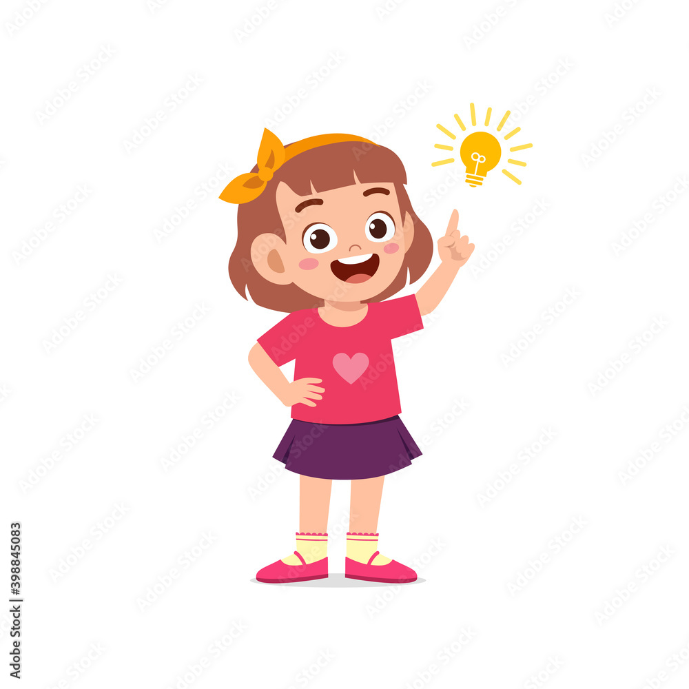 cute little kid girl show idea pose expression with light bulb sign