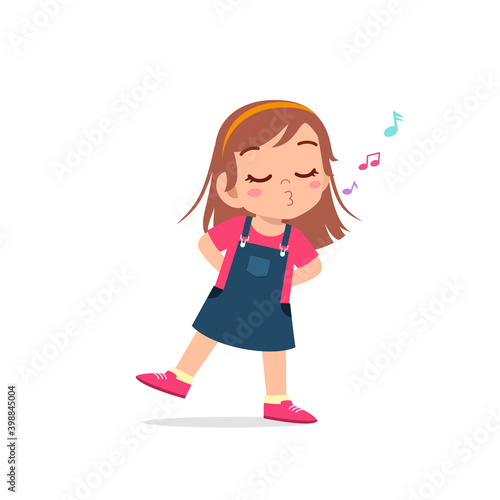 cute little kid girl stand and whistling with mouth