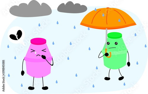 rain and umbrella. vector illustration of cute plastic bottle character for fermented milk. two people who are heartbroken when it rains