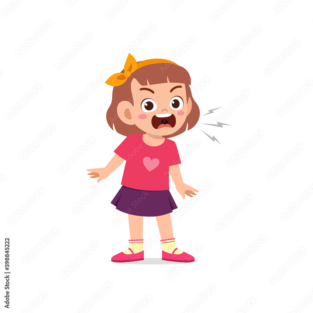 cute little kid girl stand and show angry pose expression