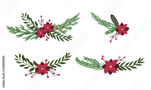 Pine leaves and flowers are hand drawn into wreaths in an isolated background. Vector elements for christmas design decorations