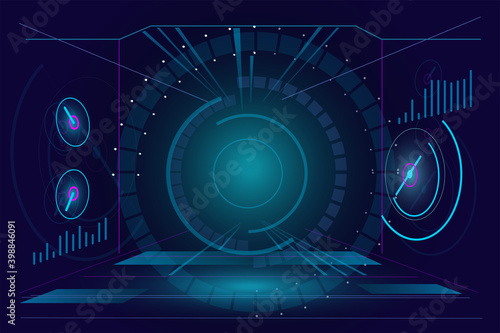 Futuristic virtual reality head-up display design. Sci-Fi VR HUD helmet visor concept. GUI UI display with speedometer and data statistics panel. High tech user Interface cockpit screen illustration