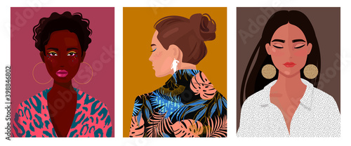 Set of portraits of women of different gender and age. Diversity. Vector flat illustration. Avatar for a social network.  Vector flat illustration