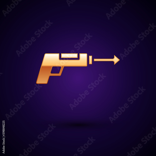 Gold Fishing harpoon icon isolated on black background. Fishery manufacturers for catching fish under water. Diving underwater equipment. Vector.