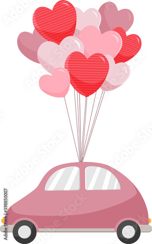 Cute little car with balloons in the shape of a heart. Vector illustration in cartoon style.