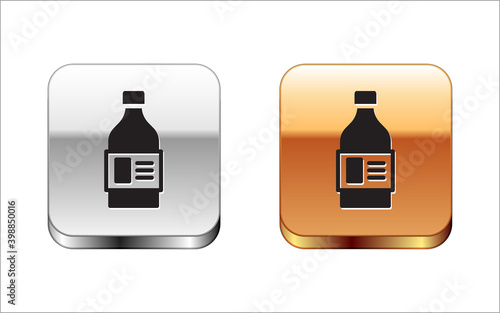 Black Plastic bottle for laundry detergent, bleach, dishwashing liquid or another cleaning agent icon isolated on white background. Silver-gold square button. Vector.