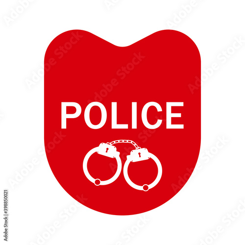 Red police shield and handcuffs on white background, sign for design, vector illustration