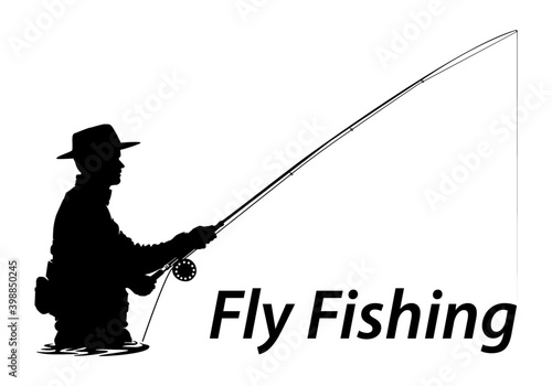 Fly fisherman fishing.clip art black fishing on white background - Vector