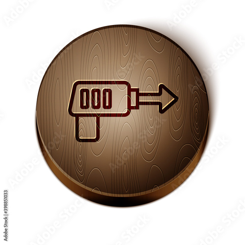 Brown line Fishing harpoon icon isolated on white background. Fishery manufacturers for catching fish under water. Diving underwater equipment. Wooden circle button. Vector.