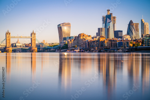 Tower Bridge and the bank district of central London at sunrise
