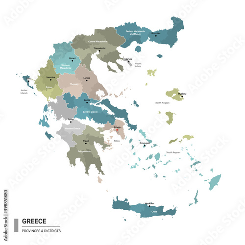 Greece higt detailed map with subdivisions. Administrative map of Greece with districts and cities name, colored by states and administrative districts. Vector illustration.