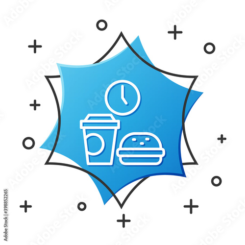 White line Fast food time icon isolated on white background. Blue hexagon button. Vector.