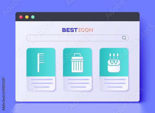 Set Trash can, Hairbrush and Cotton swab for ears icon. Vector.