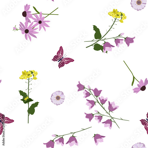 Seamless vector illustration with field bells, herbals and butterflies on a white background.