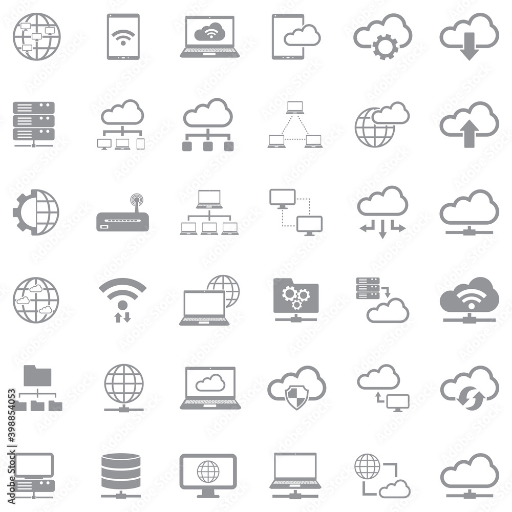 Network Cloud Icons. Gray Flat Design. Vector Illustration. Network Cloud Icons. Gray Flat Design. Vector Illustration.