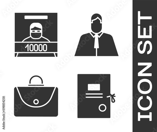 Set Lawsuit paper, Wanted poster, Briefcase and Lawyer, attorney, jurist icon. Vector.