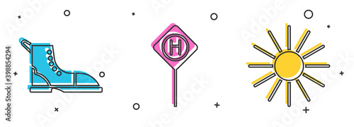 Set Hiking boot, Parking and Sun icon. Vector.