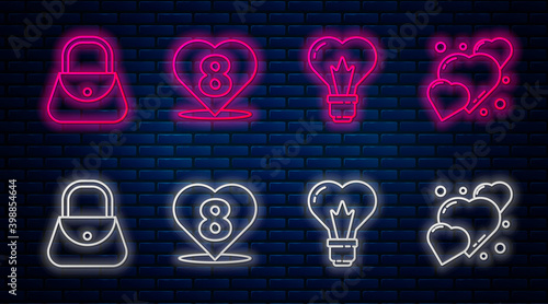 Set line Heart with 8 March, Heart shape in a light bulb, Handbag and Heart. Glowing neon icon on brick wall. Vector.