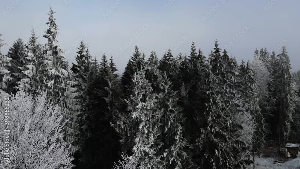 Winter forest of frost on the trees. Aerial view of frozen forest with snow-covered trees in winter. Flight over the winter forest in Finland, top view. Winter forest of frost on the trees. Aerial view of frozen forest with snow-covered trees in winter. Flight over the winter forest in Finland, top view.