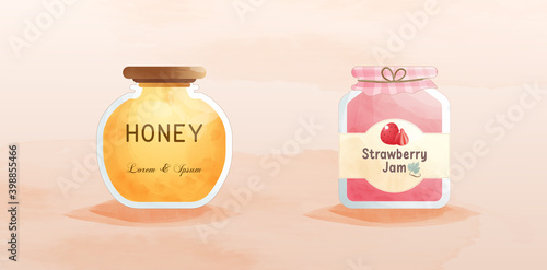 Fruit jam jar honey and Strawberry set.Premium Vector