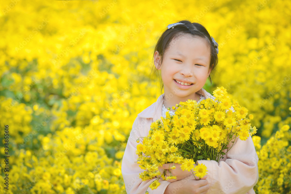 Young beautiful asian girl child holding flower and smiles in yellow Chrysanthemum field. Young beautiful asian girl child holding flower and smiles in yellow Chrysanthemum field.
