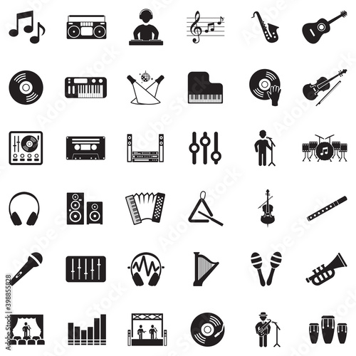 Music Icons. Black Flat Design. Vector Illustration.