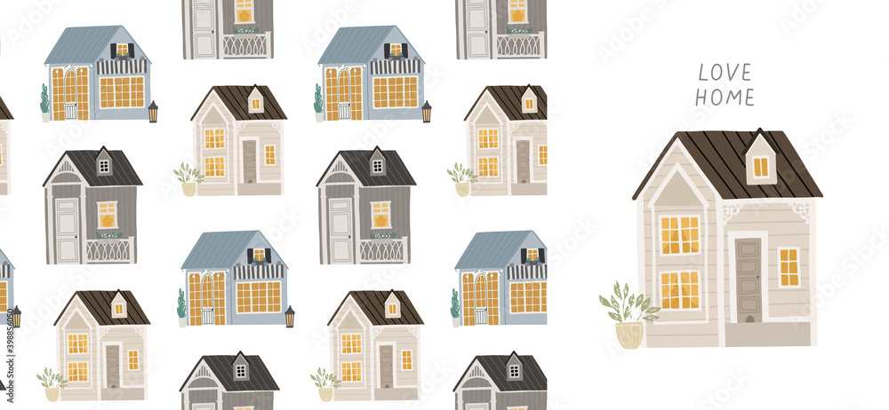 Seamless background with cute houses. Illustration for children. Can be used for fabrics, packaging, wallpapers, web page backgrounds, textiles. Seamless background with cute houses. Illustration for children. Can be used for fabrics, packaging, wallpapers, web page backgrounds, textiles.