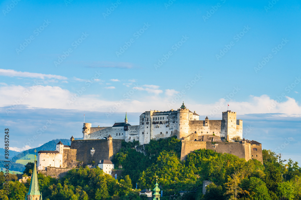 Salzburg Festung Hohensalzburg fortress at sunset light. Austria