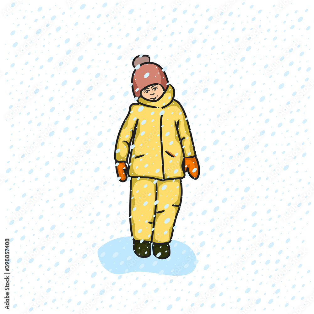 Winter portrait of kid, child in warm clothes, coveralls, jacket and pants, snowsuit, overalls, outdoors during snowfall. Snow, snowflakes Winter portrait of kid, child in warm clothes, coveralls, jacket and pants, snowsuit, overalls, outdoors during snowfall. Snow, snowflakes